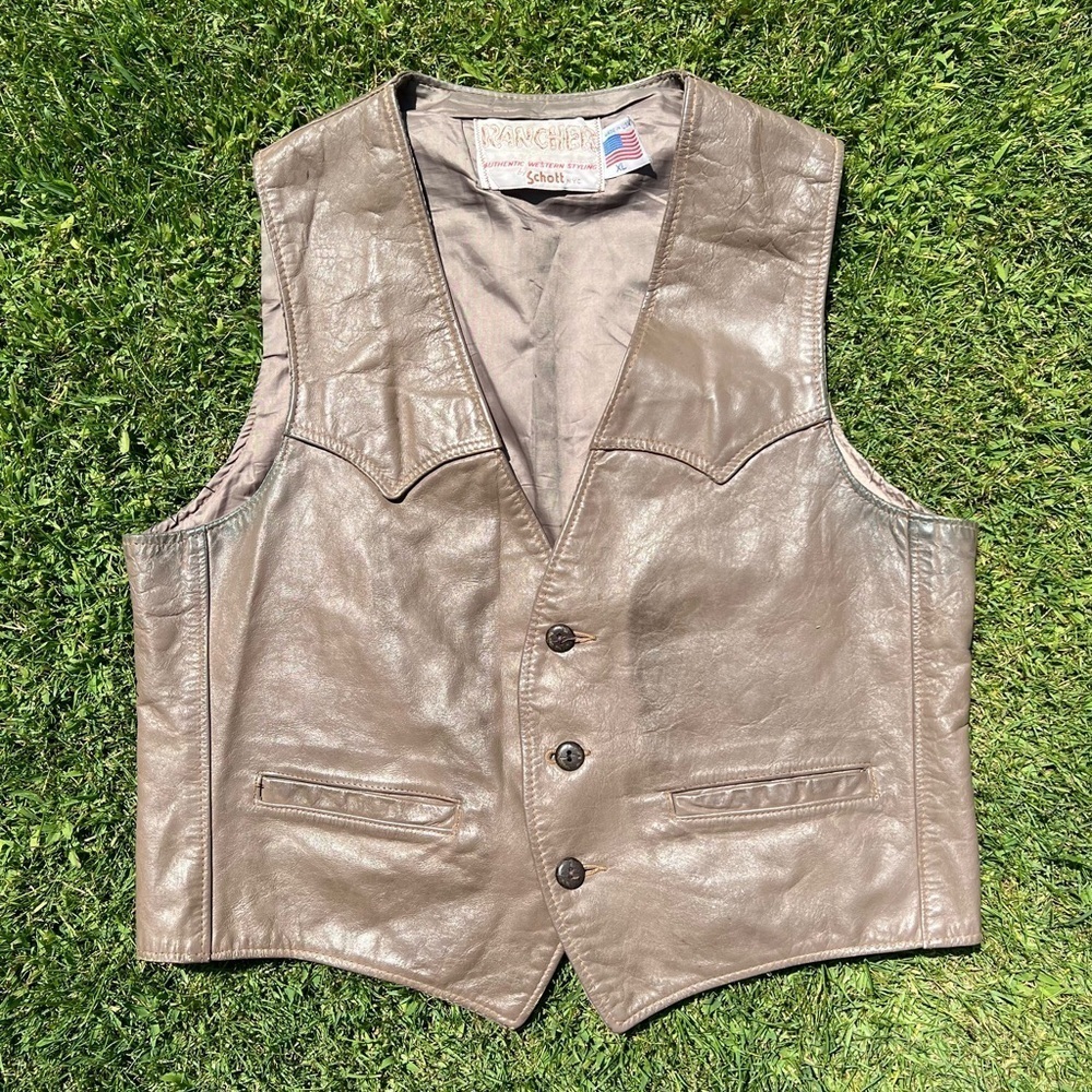 VTG Distressed Schott Rancher Leather Western Vest Taupe Button Front Cowboy XL